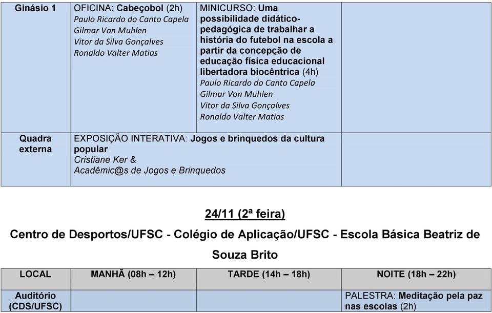 Capela Gilmar Von Muhlen Vitor da Silva Gonçalves Ronaldo Valter Matias Quadra externa EXPOSIÇÃO INTERATIVA: Jogos e brinquedos da cultura popular Cristiane Ker &