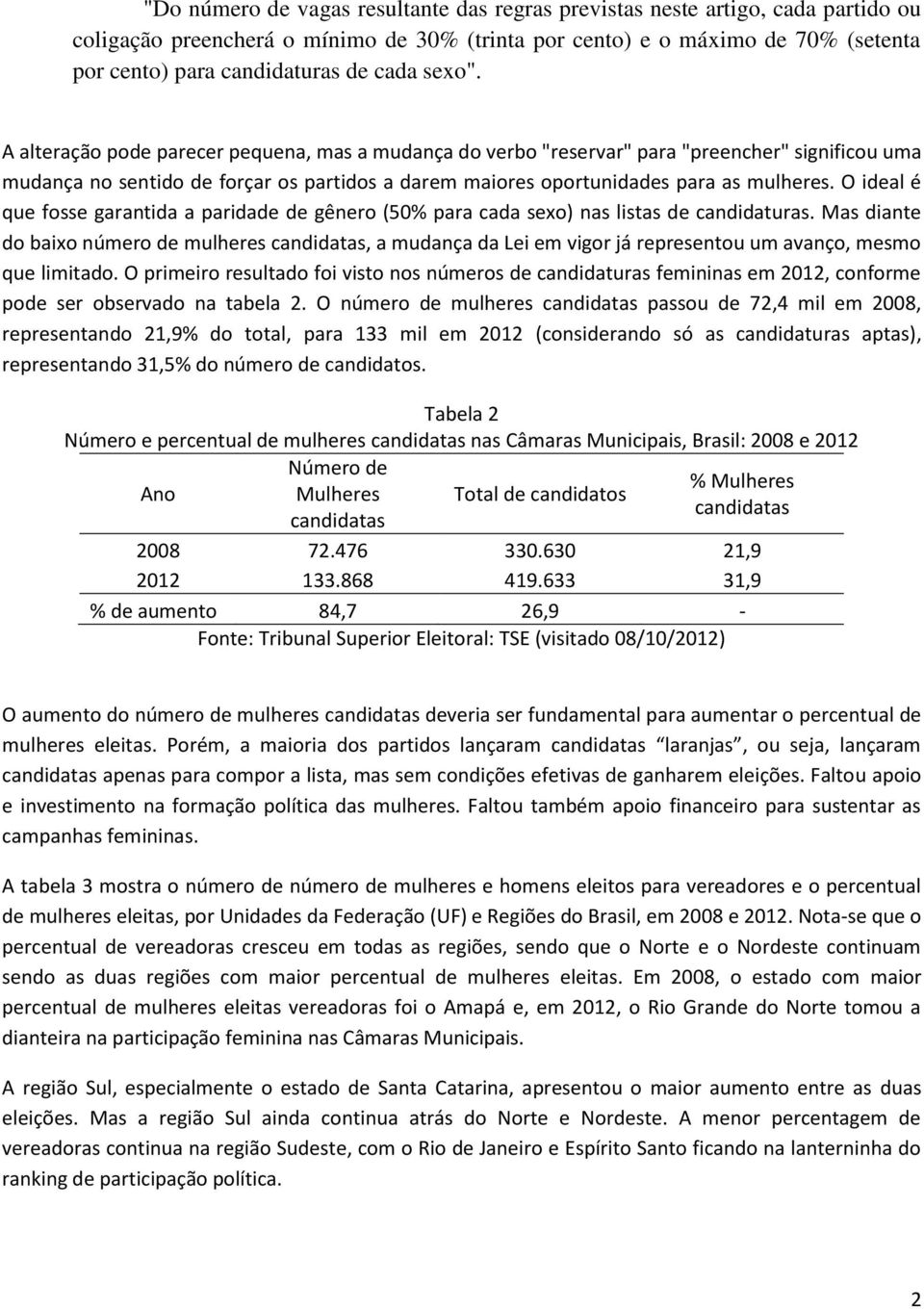 O ideal é que fosse garantida a paridade de gênero (50 para cada sexo) nas listas de candidaturas.