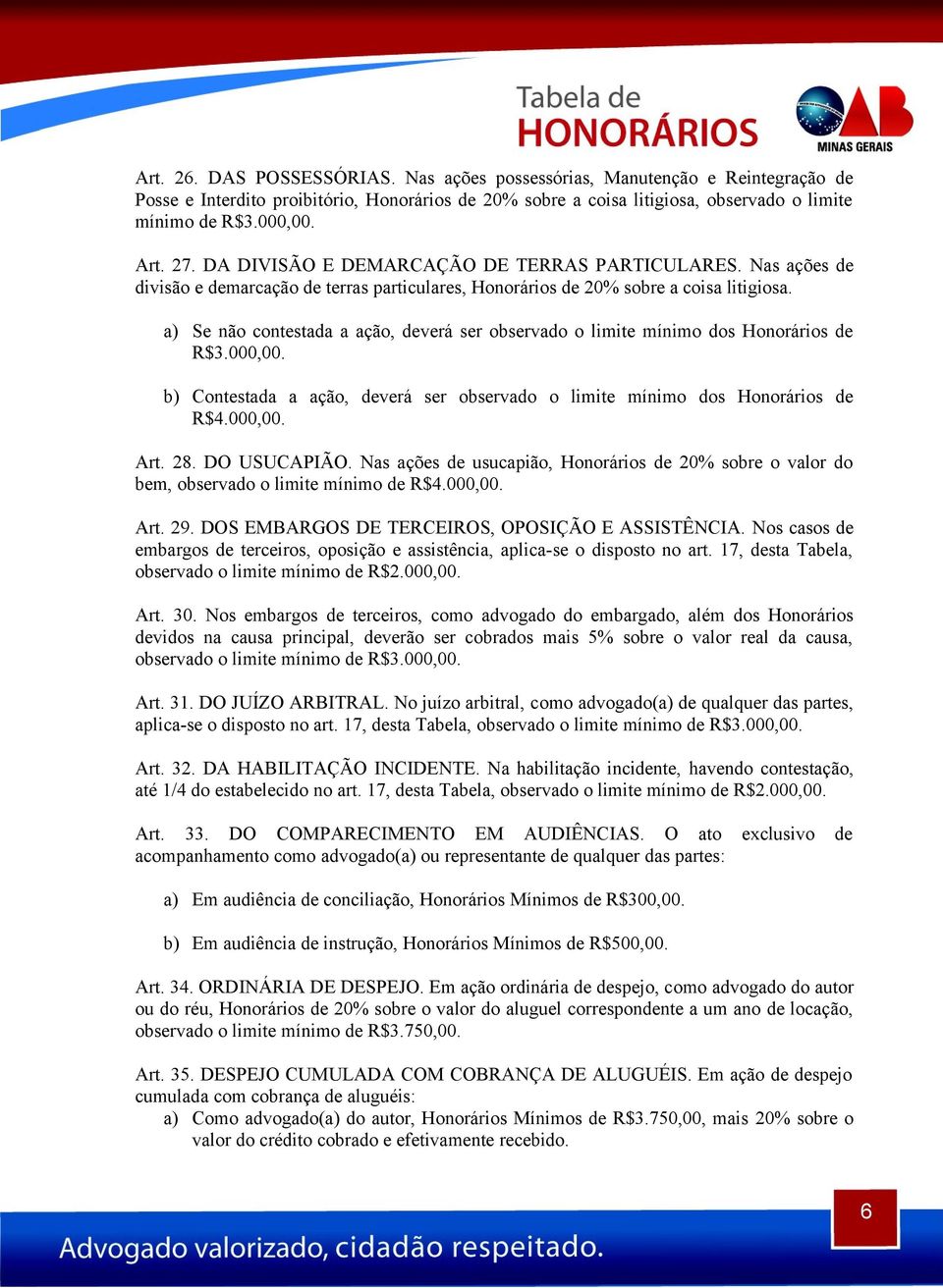 a) Se não contestada a ação, deverá ser observado o limite mínimo dos Honorários de R$3.000,00. b) Contestada a ação, deverá ser observado o limite mínimo dos Honorários de R$4.000,00. Art. 28.