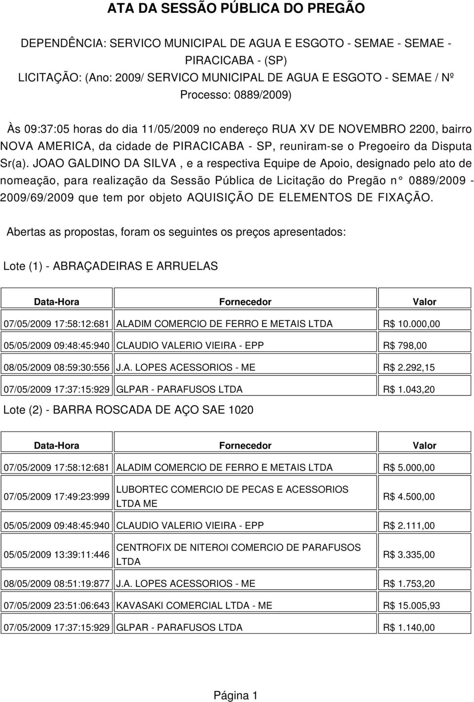 JOAO GALDINO DA SILVA, e a respectiva Equipe de Apoio, designado pelo ato de nomeação, para realização da Sessão Pública de Licitação do Pregão n 0889/2009-2009/69/2009 que tem por objeto AQUISIÇÃO