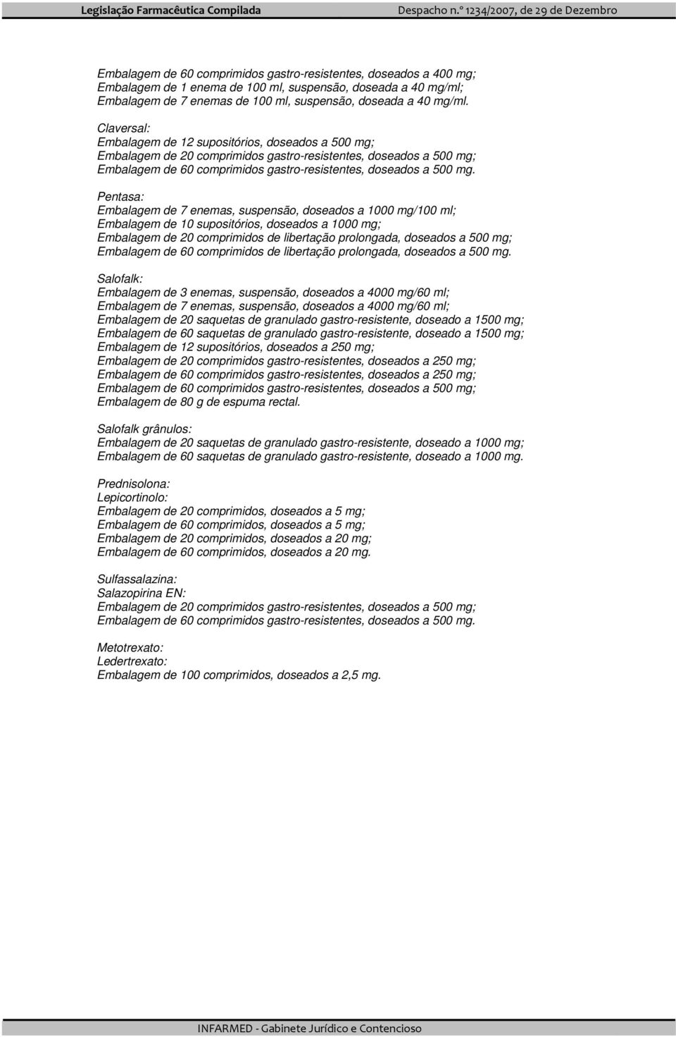 Embalagem de 3 enemas, suspensão, doseados a 4000 mg/60 ml; Embalagem de 7 enemas, suspensão, doseados a 4000 mg/60 ml; Embalagem de 20 saquetas de granulado gastro-resistente, doseado a 1500 mg;