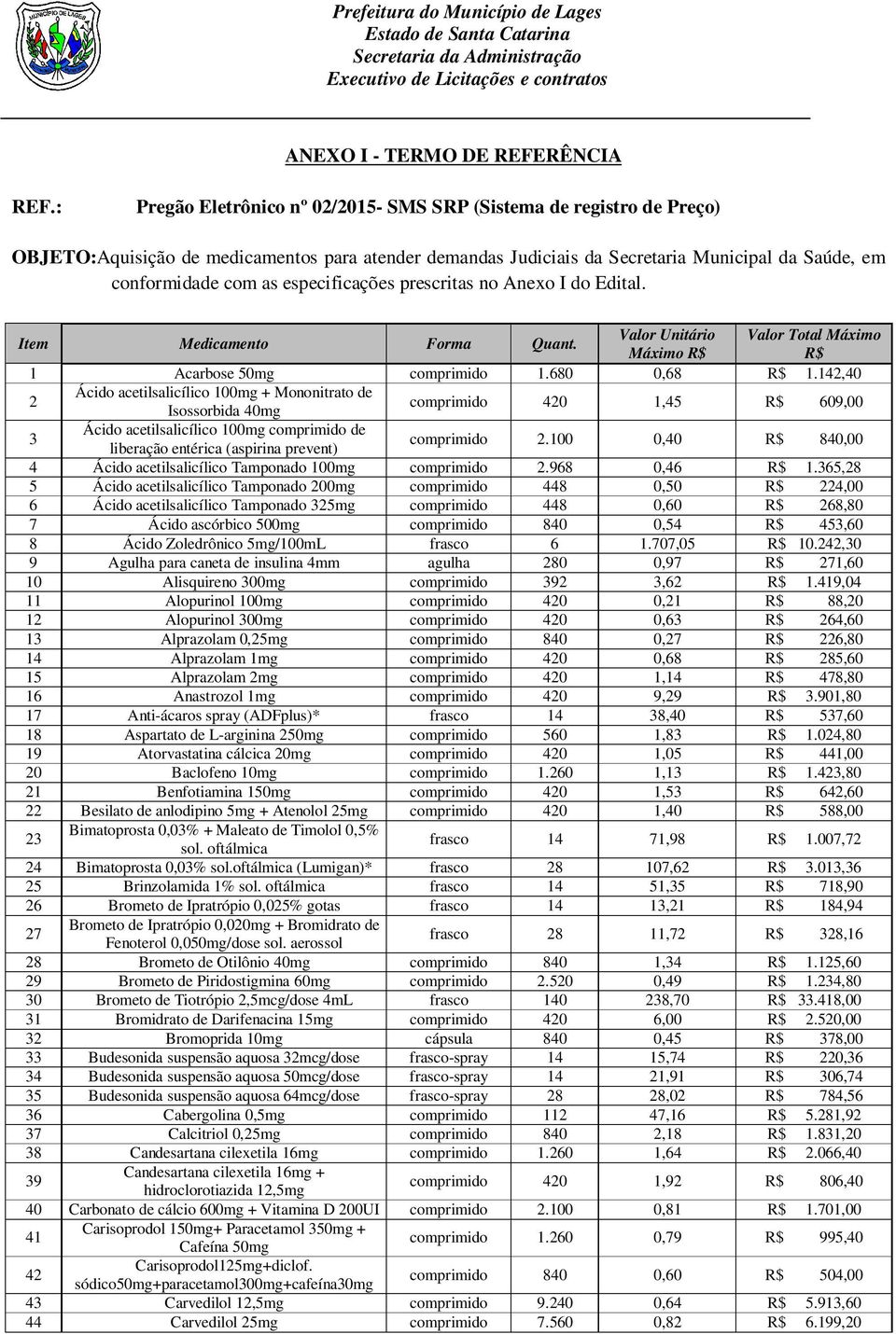 especificações prescritas no Anexo I do Edital. Item Medicamento Forma Quant. Valor Unitário Valor Total Máximo Máximo R$ R$ 1 Acarbose 50mg comprimido 1.680 0,68 R$ 1.