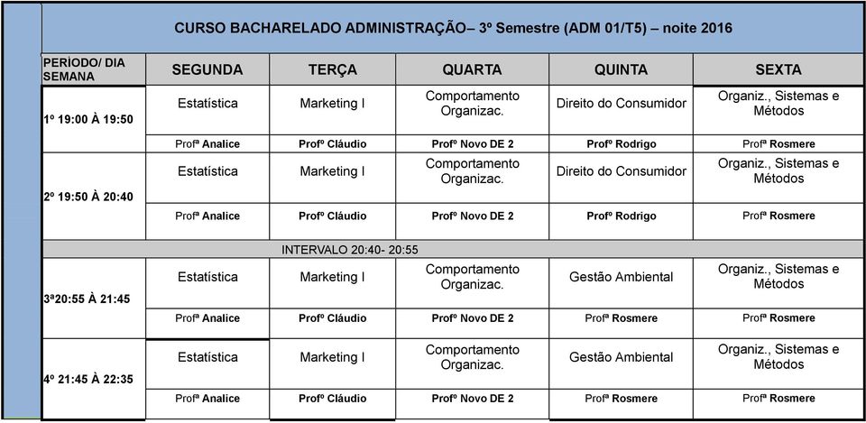 , Sistemas e Profª Analice Profº Cláudio Profº Novo DE 2 Profº Rodrigo Profª Rosmere 3ª20:55 À 21:45 4º 21:45 À 22:35 INTERVALO 20:40-20:55 Comportamento Organizac. Gestão Ambiental Organiz.