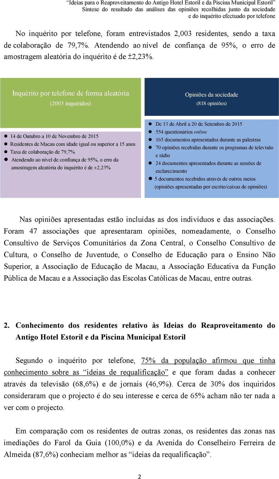 de colaboração de 79,7% Atendendo ao nível de confiança de 95%, o erro da amostragem aleatória do inquérito é de ±2,23% De 13 de Abril a 20 de Setembro de 2015 554 questionários online 165 documentos