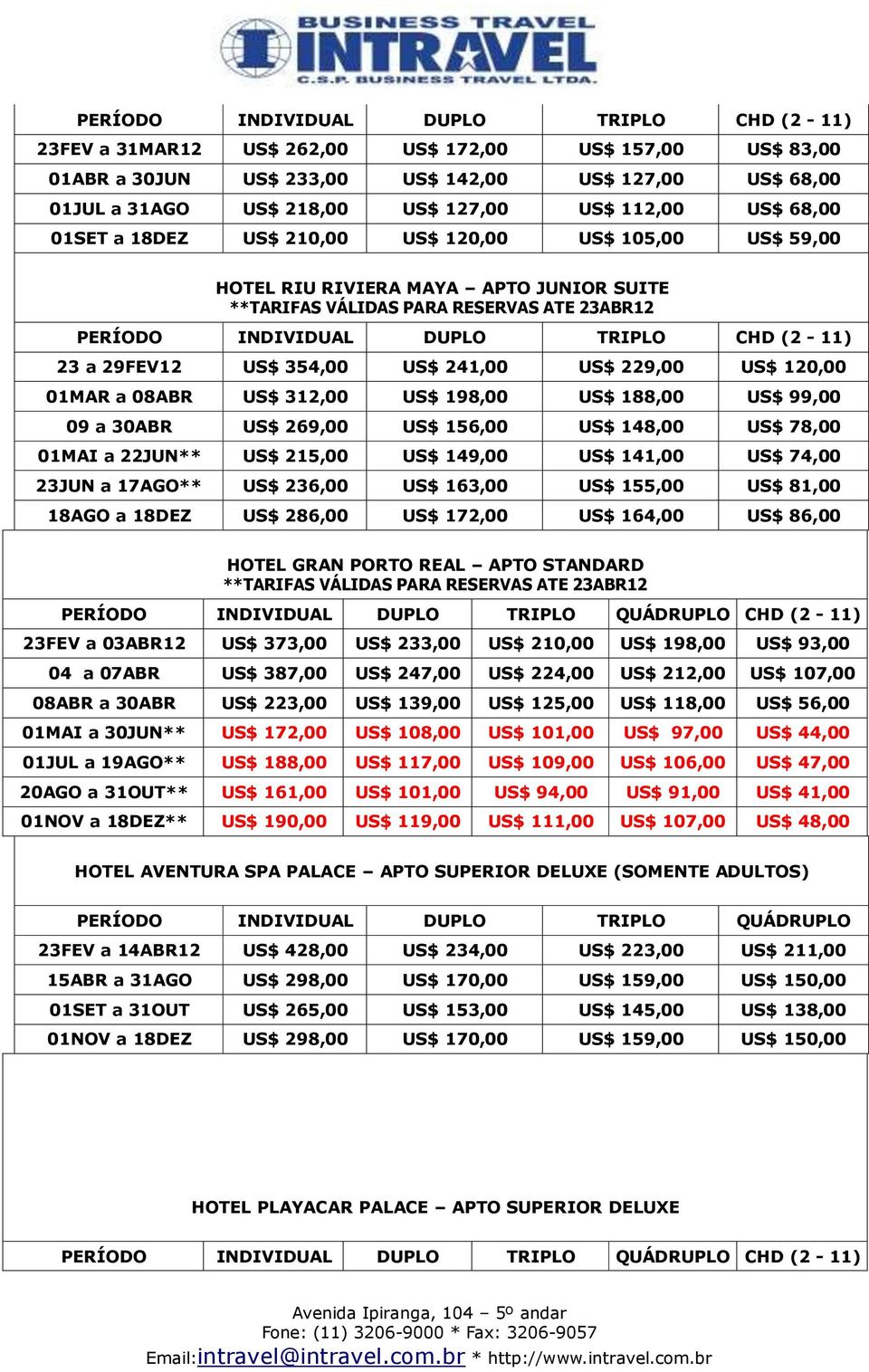 US$ 198,00 US$ 188,00 US$ 99,00 09 a 30ABR US$ 269,00 US$ 156,00 US$ 148,00 US$ 78,00 01MAI a 22JUN** US$ 215,00 US$ 149,00 US$ 141,00 US$ 74,00 23JUN a 17AGO** US$ 236,00 US$ 163,00 US$ 155,00 US$