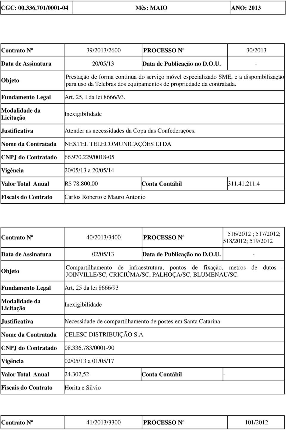 Inexigibilidade Atender as necessidades da Copa das Confederações. NEXTEL TELECOMUNICAÇÕES LTDA CNPJ do Contratado 66.970.229/0018-05 Vigência 20/05/13 a 20/05/14 Valor Total Anual R$ 78.