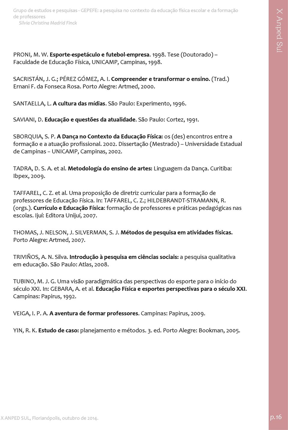 Educação e questões da atualidade. São Paulo: Cortez, 1991. SBORQUIA, S. P. A Dança no Contexto da Educação Física: os (des) encontros entre a formação e a atuação profissional. 2002.