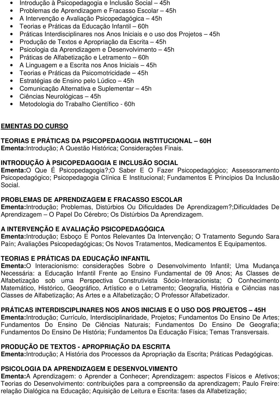 60h A Linguagem e a Escrita nos Anos Iniciais 45h Teorias e Práticas da Psicomotricidade 45h Estratégias de Ensino pelo Lúdico 45h Comunicação Alternativa e Suplementar 45h Ciências Neurológicas 45h