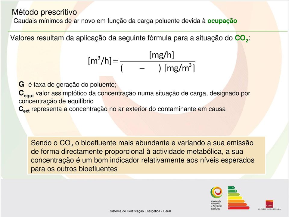por concentração de equilíbrio C ext representa a concentração no ar exterior do contaminante em causa Sendo o CO 2 o bioefluente mais abundante e variando a sua