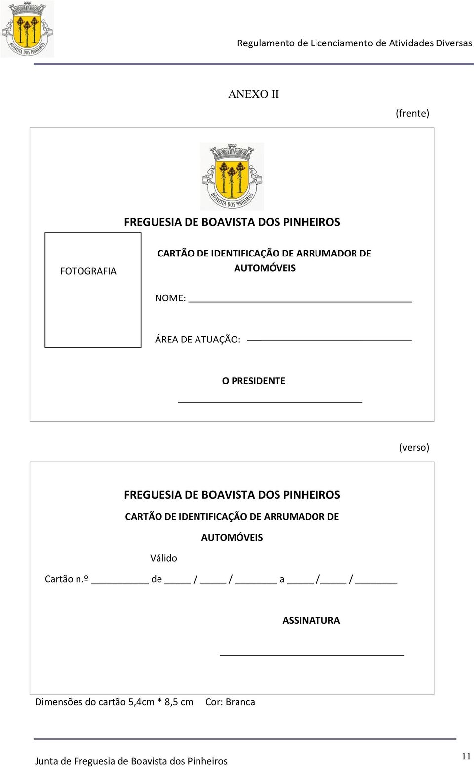 FREGUESIA DE BOAVISTA DOS PINHEIROS CARTÃO DE IDENTIFICAÇÃO DE ARRUMADOR DE