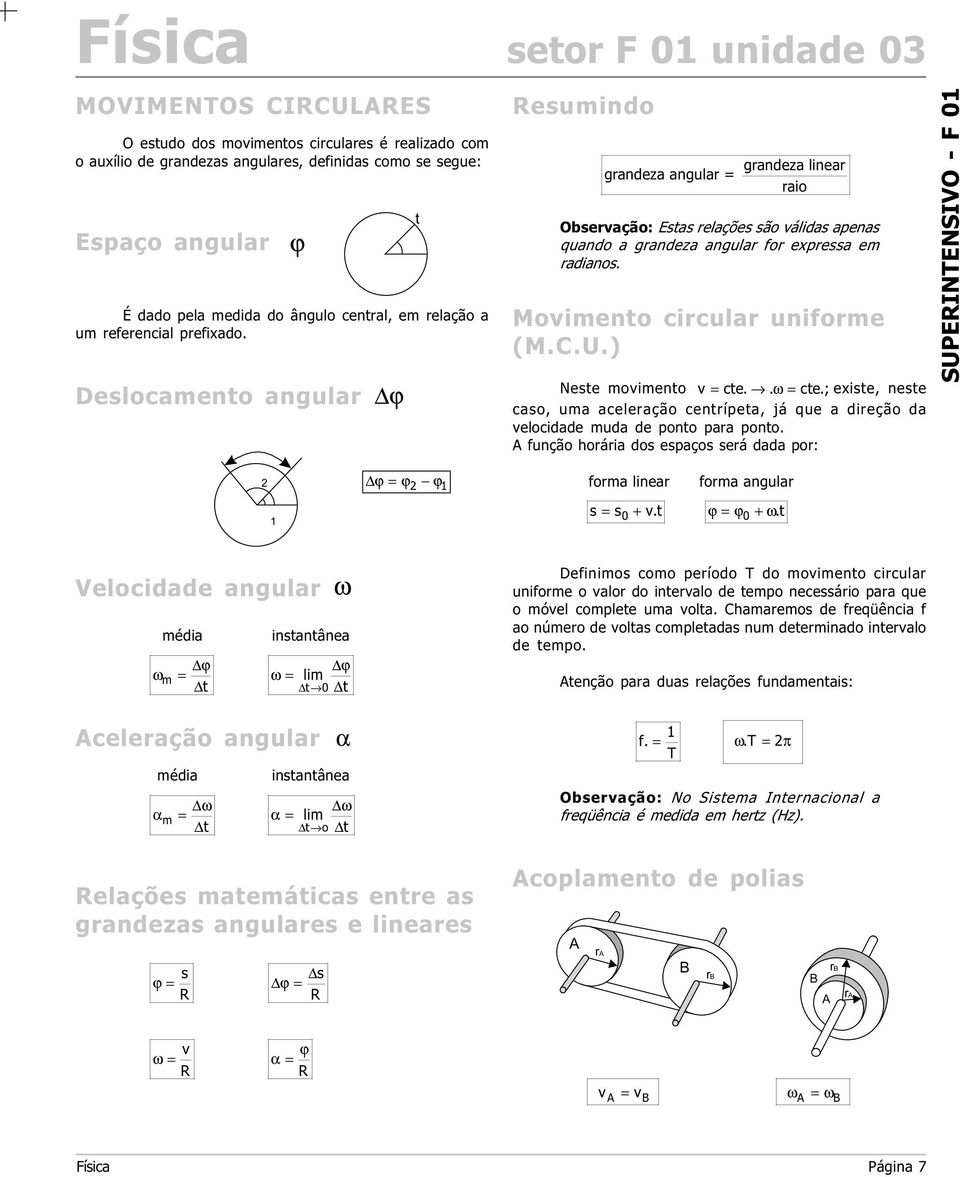 entre as grandezas angulares e lineares s ϕ= R v ω= R s ϕ = R ϕ α= R Resumindo grandeza linear grandeza angular = raio Observação: Estas relações são válidas apenas quando a grandeza angular for