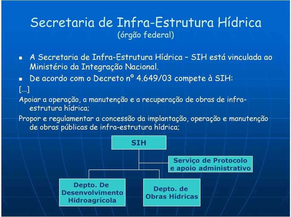 649/03 compete à SIH: Apoiar a operação, a manutenção e a recuperação de obras de infra- estrutura hídrica; Propor e regulamentar