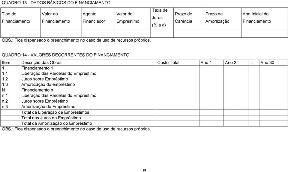 .. Ano 30 1 Financiamento 1 1.1 Liberação das Parcelas do Empréstimo 1.2 Juros sobre Empréstimo 1.3 Amortização do empréstimo N Financiamento n n.1 Liberação das Parcelas do Empréstimo n.