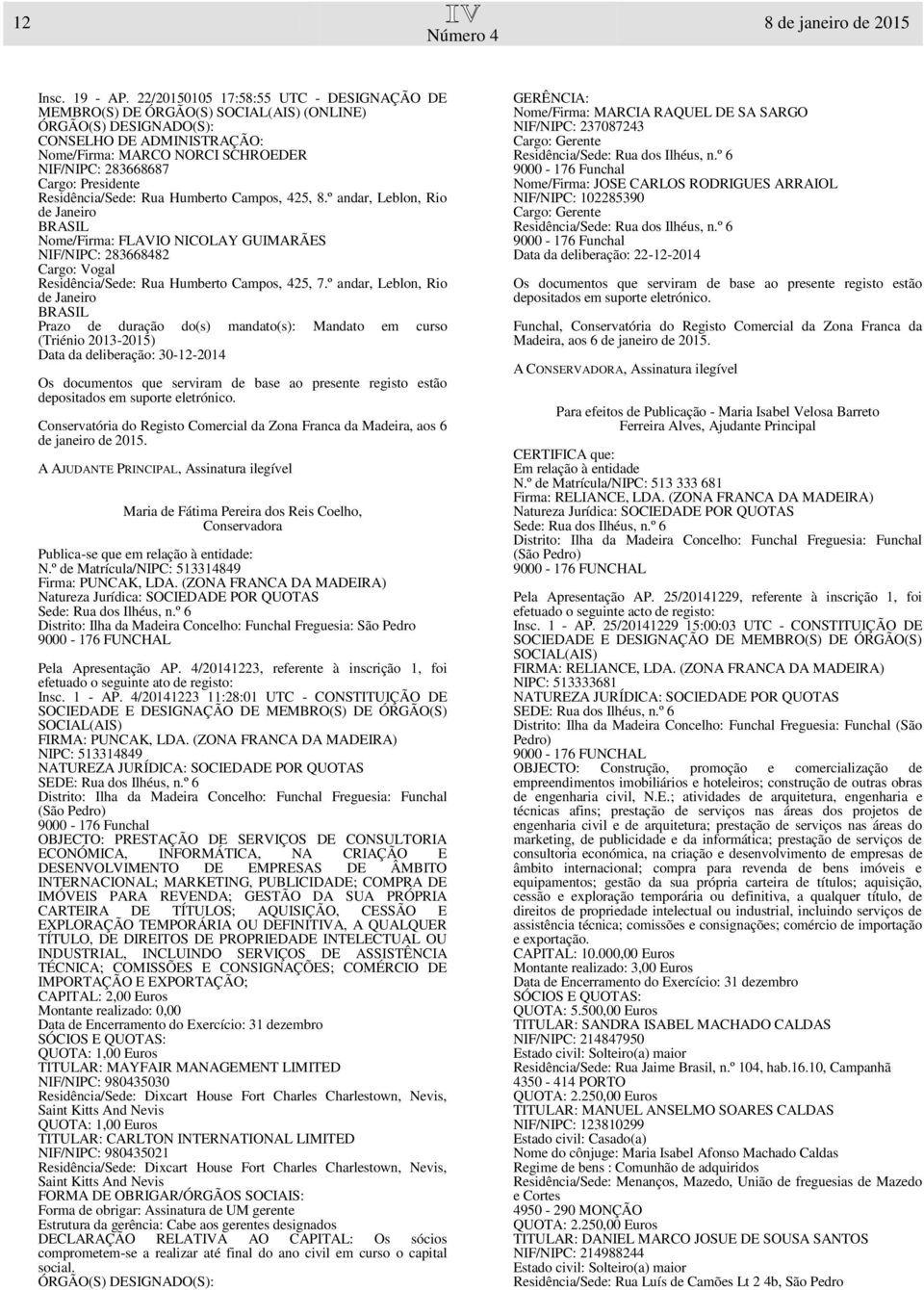 Humberto Campos, 425, 8.º andar, Leblon, Rio de Janeiro BRASIL Nome/Firma: FLAVIO NICOLAY GUIMARÃES NIF/NIPC: 283668482 Cargo: Vogal Residência/Sede: Rua Humberto Campos, 425, 7.