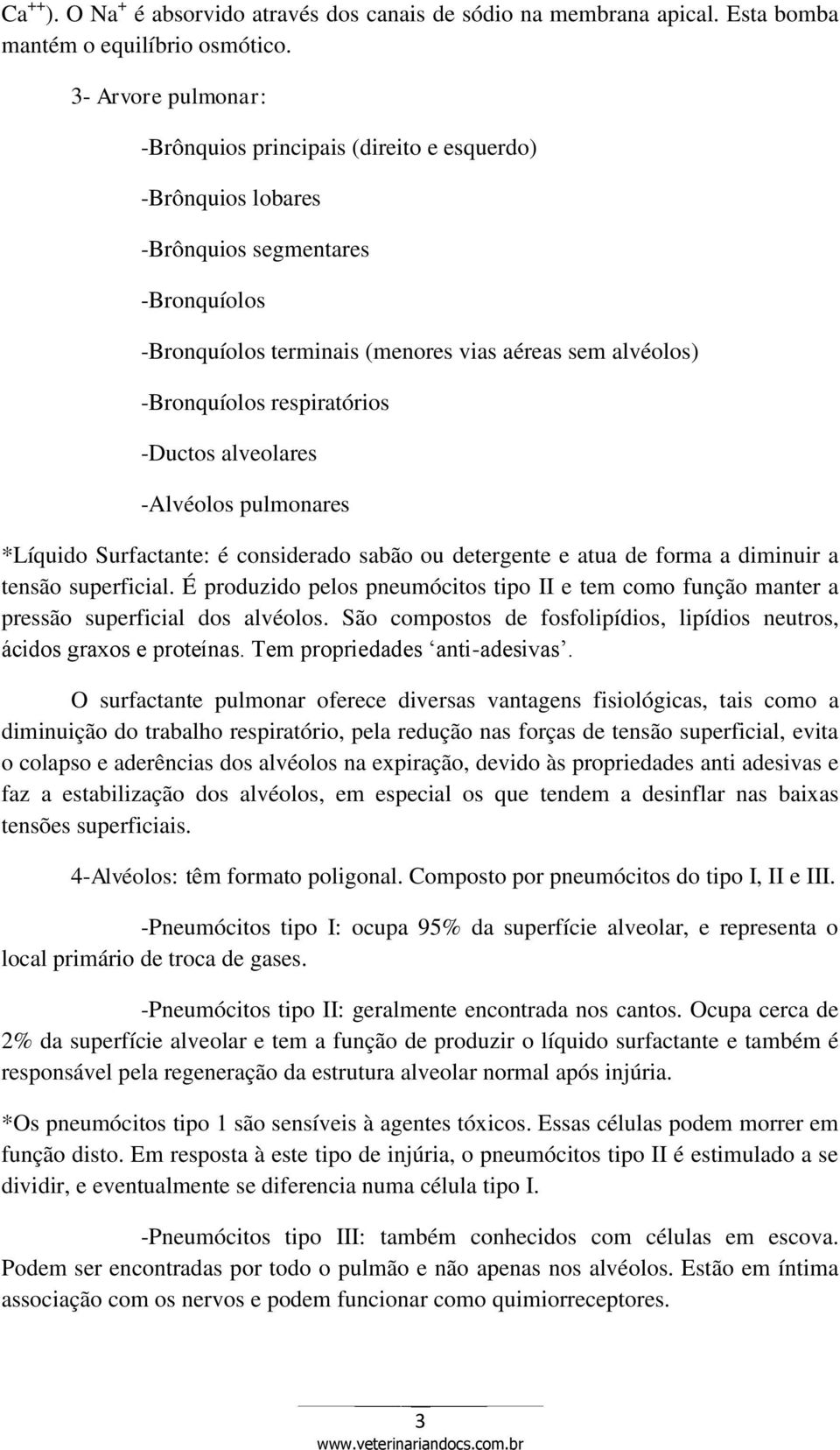 respiratórios -Ductos alveolares -Alvéolos pulmonares *Líquido Surfactante: é considerado sabão ou detergente e atua de forma a diminuir a tensão superficial.