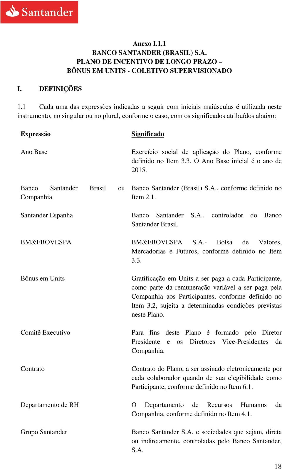 Base Banco Santander Brasil ou Companhia Significado Exercício social de aplicação do Plano, conforme definido no Item 3.3. O Ano Base inicial é o ano de 2015. Banco Santander (Brasil) S.A., conforme definido no Item 2.