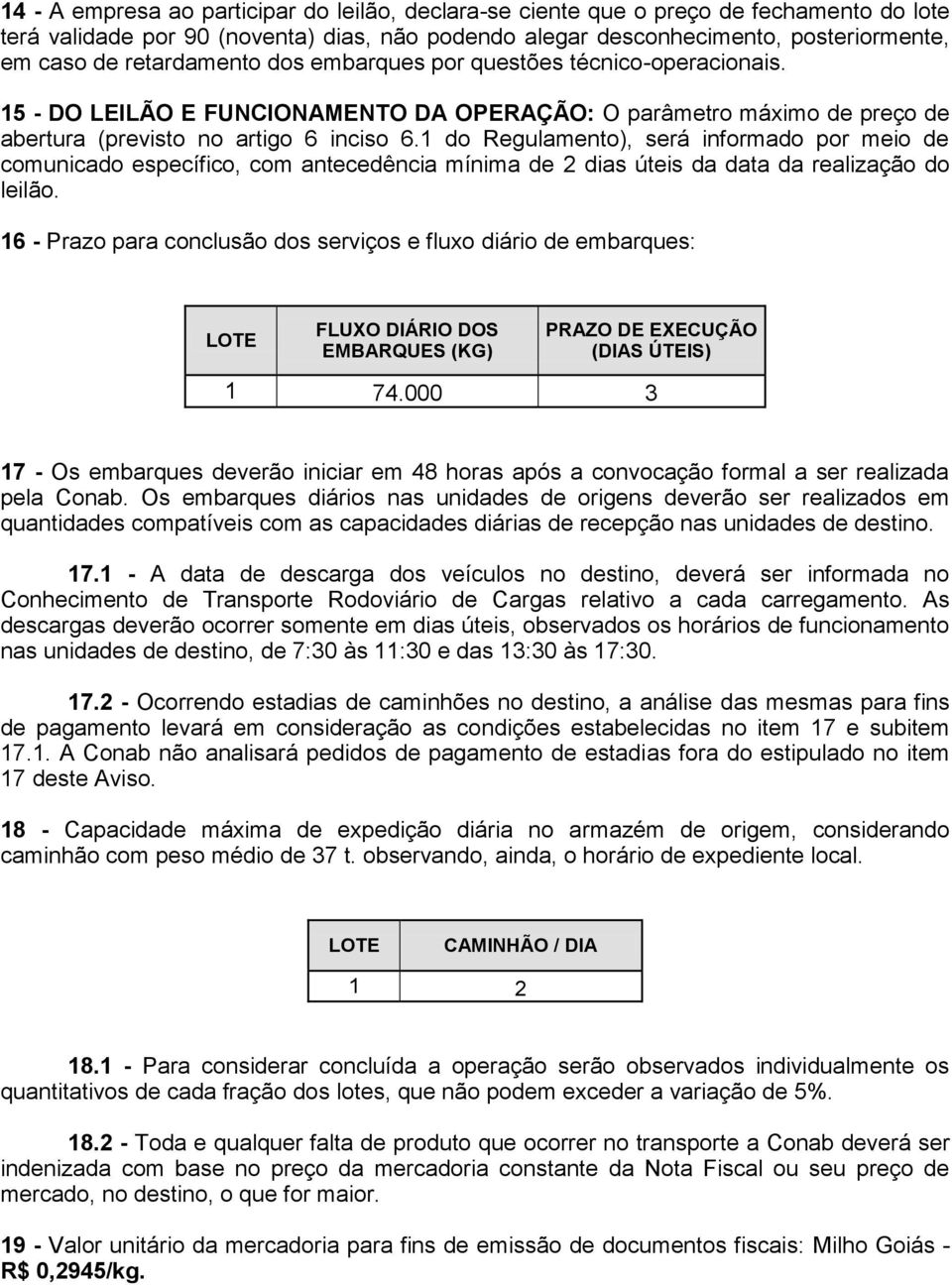 1 do Regulamento), será informado por meio de comunicado específico, com antecedência mínima de 2 dias úteis da data da realização do leilão.