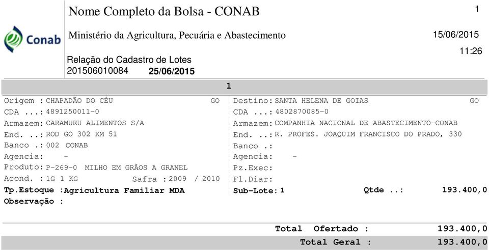 : 1G 1 KG Safra :2009 / 2010 Tp.Estoque :Agricultura Familiar MDA Observação : 1 15/06/2015 11:26 Destino: SANTA HELENA DE GOIAS GO CDA.