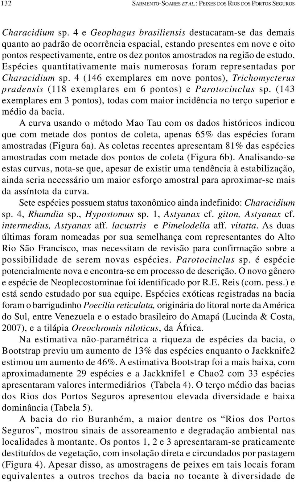 estudo. Espécies quantitativamente mais numerosas foram representadas por Characidium sp. 4 (146 exemplares em nove pontos), Trichomycterus pradensis (118 exemplares em 6 pontos) e Parotocinclus sp.