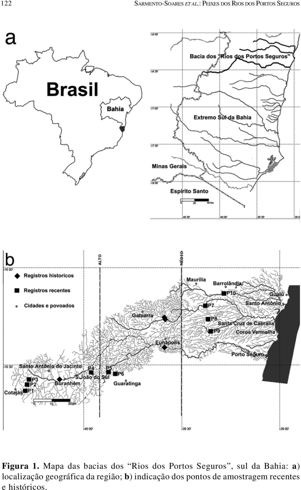 Mapa das bacias dos Rios dos Portos Seguros, sul da