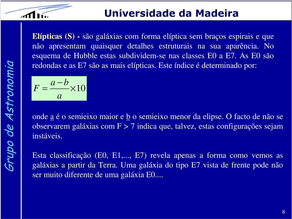 Este índice é determinado por: F a b = a 10 onde a é o semieixo maior e b o semieixo menor da elipse.