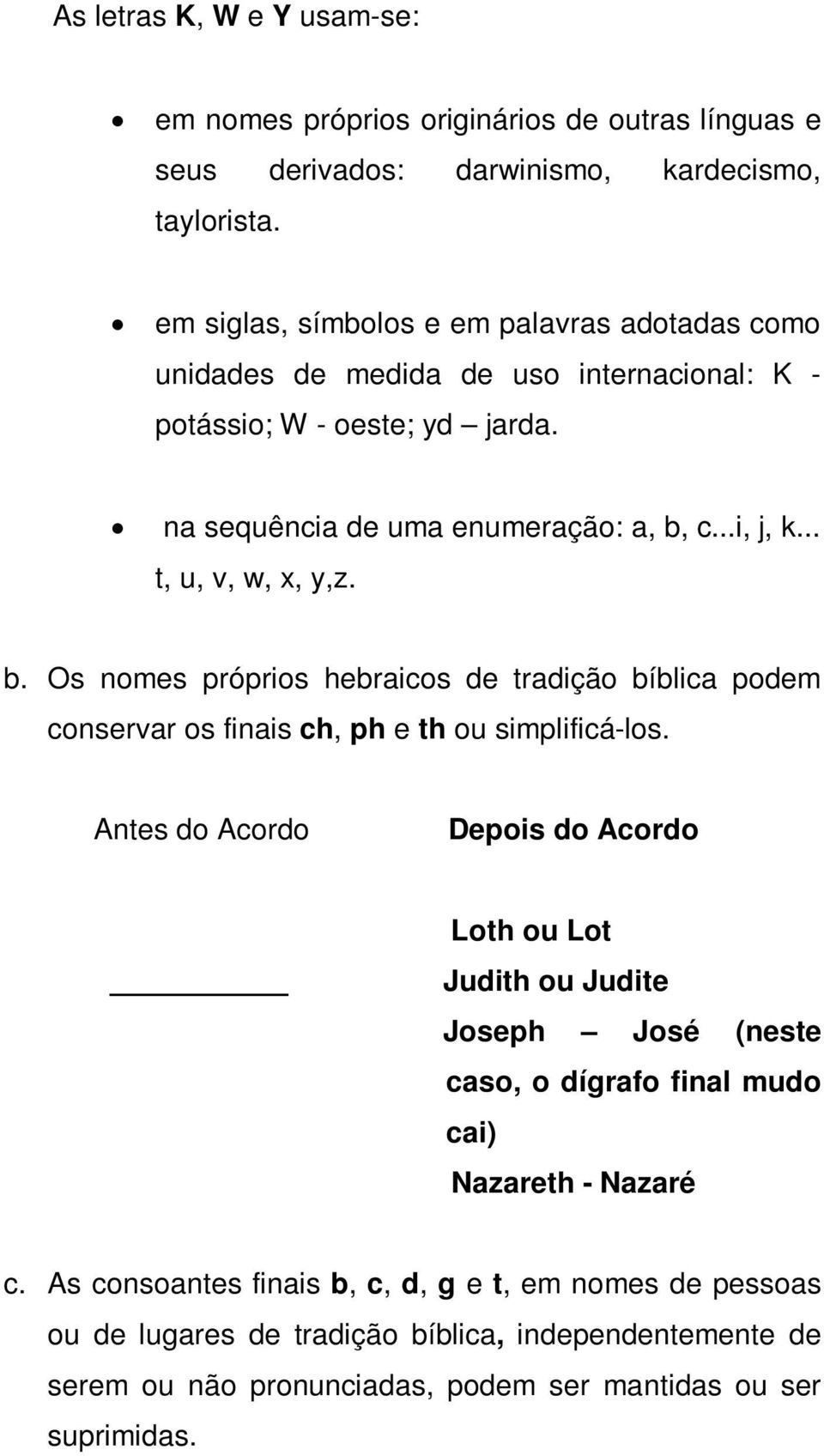 .. t, u, v, w, x, y,z. b. Os nomes próprios hebraicos de tradição bíblica podem conservar os finais ch, ph e th ou simplificá-los.