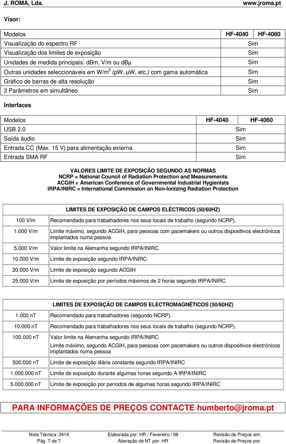 15 V) para alimentação externa Entrada SMA RF VALORES LIMITE DE EXPOSIÇÃO SEGUNDO AS NORMAS NCRP = National Council of Radiation Protection and Measurements ACGIH = American Conference of