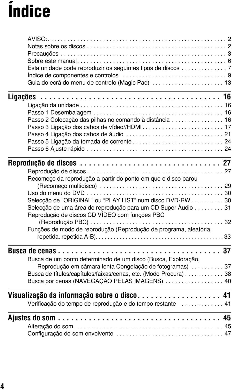 ............................... 9 Guia do ecrã do menu de controlo (Magic Pad)...................... 13 Ligações......................................... 16 Ligação da unidade.