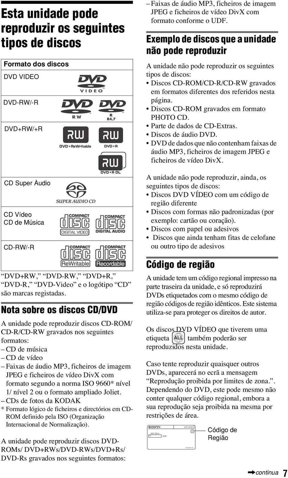 Nota sobre os discos CD/DVD A unidade pode reproduzir discos CD-ROM/ CD-R/CD-RW gravados nos seguintes formatos: CD de música CD de vídeo Faixas de áudio MP3, ficheiros de imagem JPEG e ficheiros de