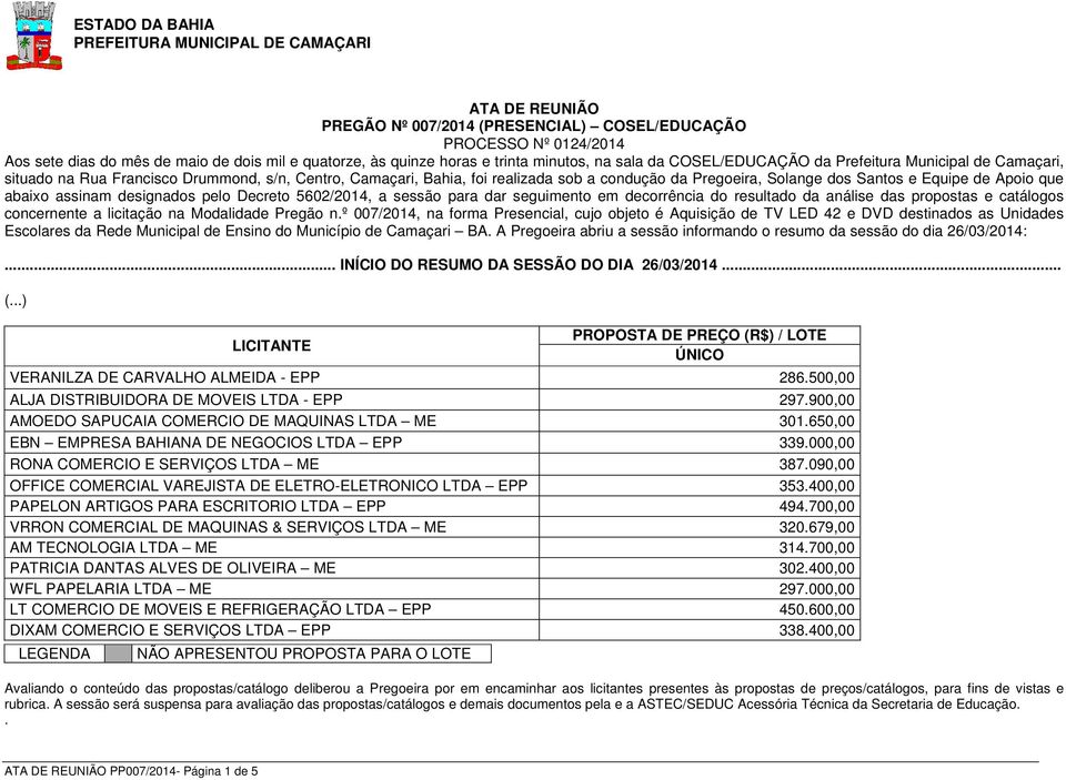Solange dos Santos e Equipe de que abaixo assinam designados pelo Decreto 5602/2014, a sessão para dar seguimento em decorrência do resultado da análise das propostas e catálogos concernente a