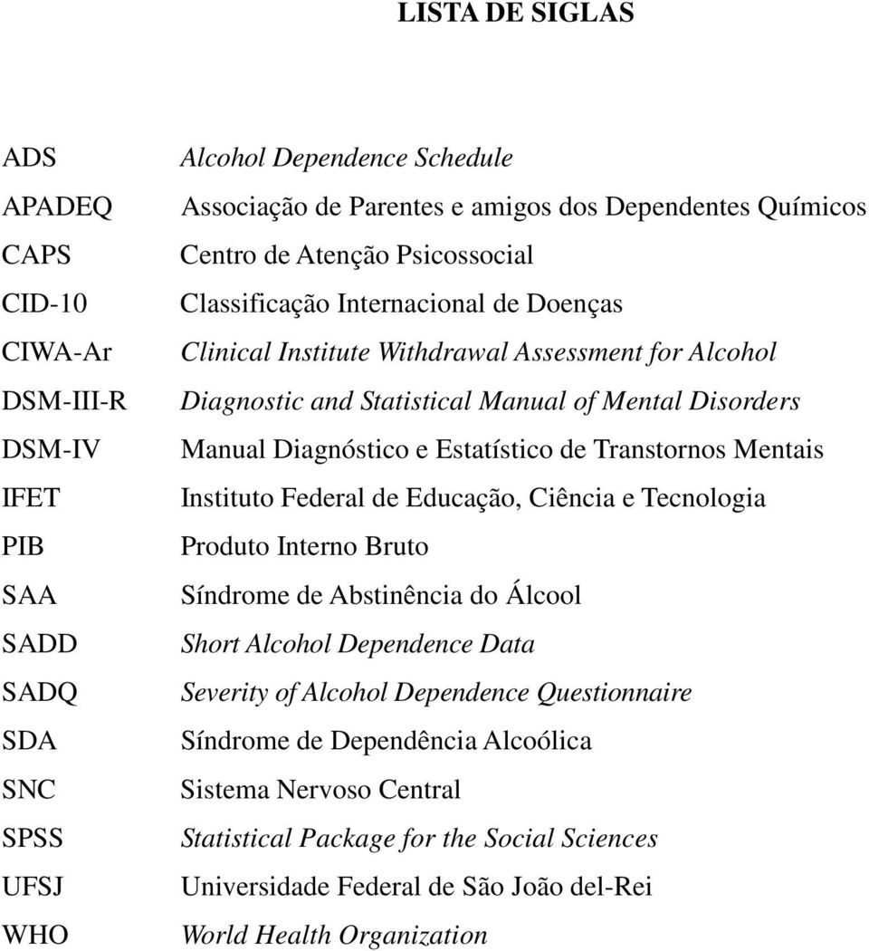 Diagnóstico e Estatístico de Transtornos Mentais Instituto Federal de Educação, Ciência e Tecnologia Produto Interno Bruto Síndrome de Abstinência do Álcool Short Alcohol Dependence Data