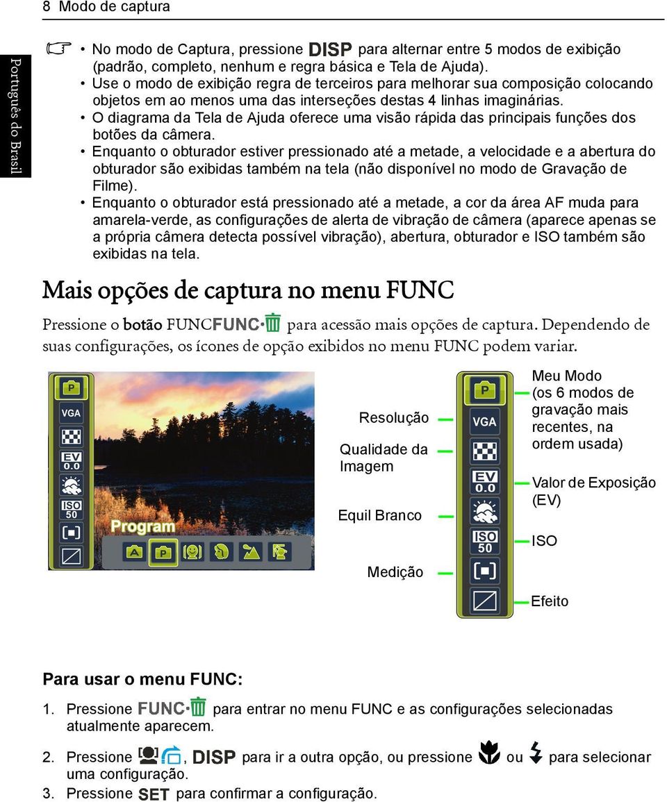 O diagrama da Tela de Ajuda oferece uma visão rápida das principais funções dos botões da câmera.