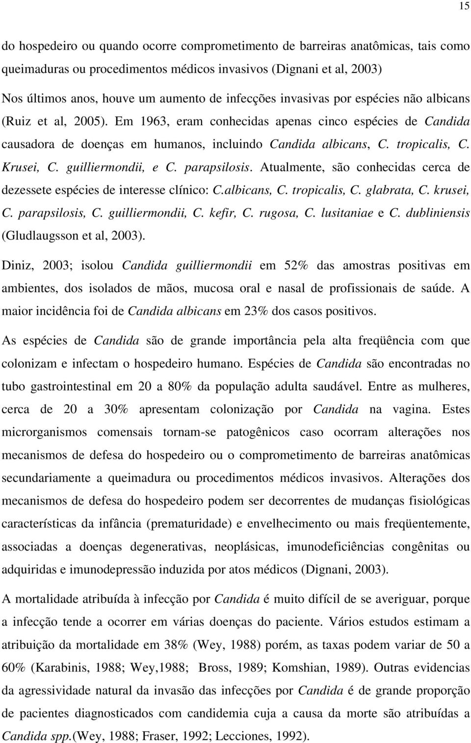 tropicalis, C. Krusei, C. guilliermondii, e C. parapsilosis. Atualmente, são conhecidas cerca de dezessete espécies de interesse clínico: C.albicans, C. tropicalis, C. glabrata, C. krusei, C.