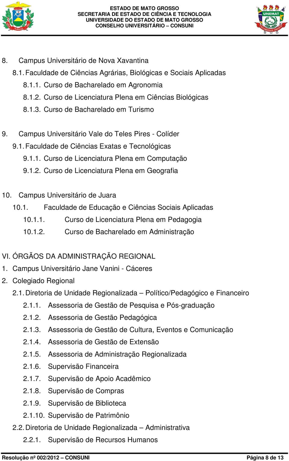 1.2. Curso de Licenciatura Plena em Geografia 10. Campus Universitário de Juara 10.1. Faculdade de Educação e Ciências Sociais Aplicadas 10.1.1. Curso de Licenciatura Plena em Pedagogia 10.1.2. Curso de Bacharelado em Administração VI.