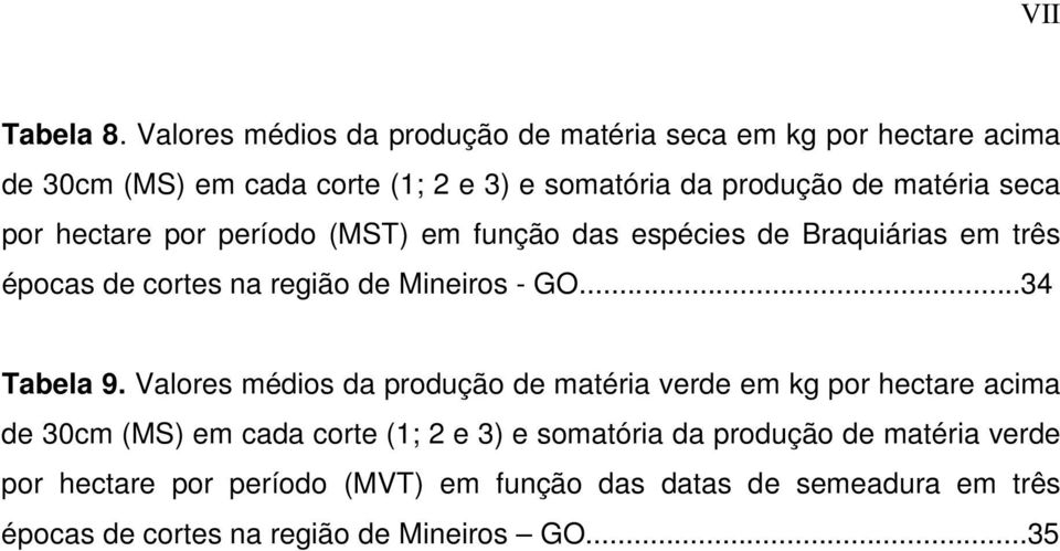 seca por hectare por período (MST) em função das espécies de Braquiárias em três épocas de cortes na região de Mineiros - GO...34 Tabela 9.