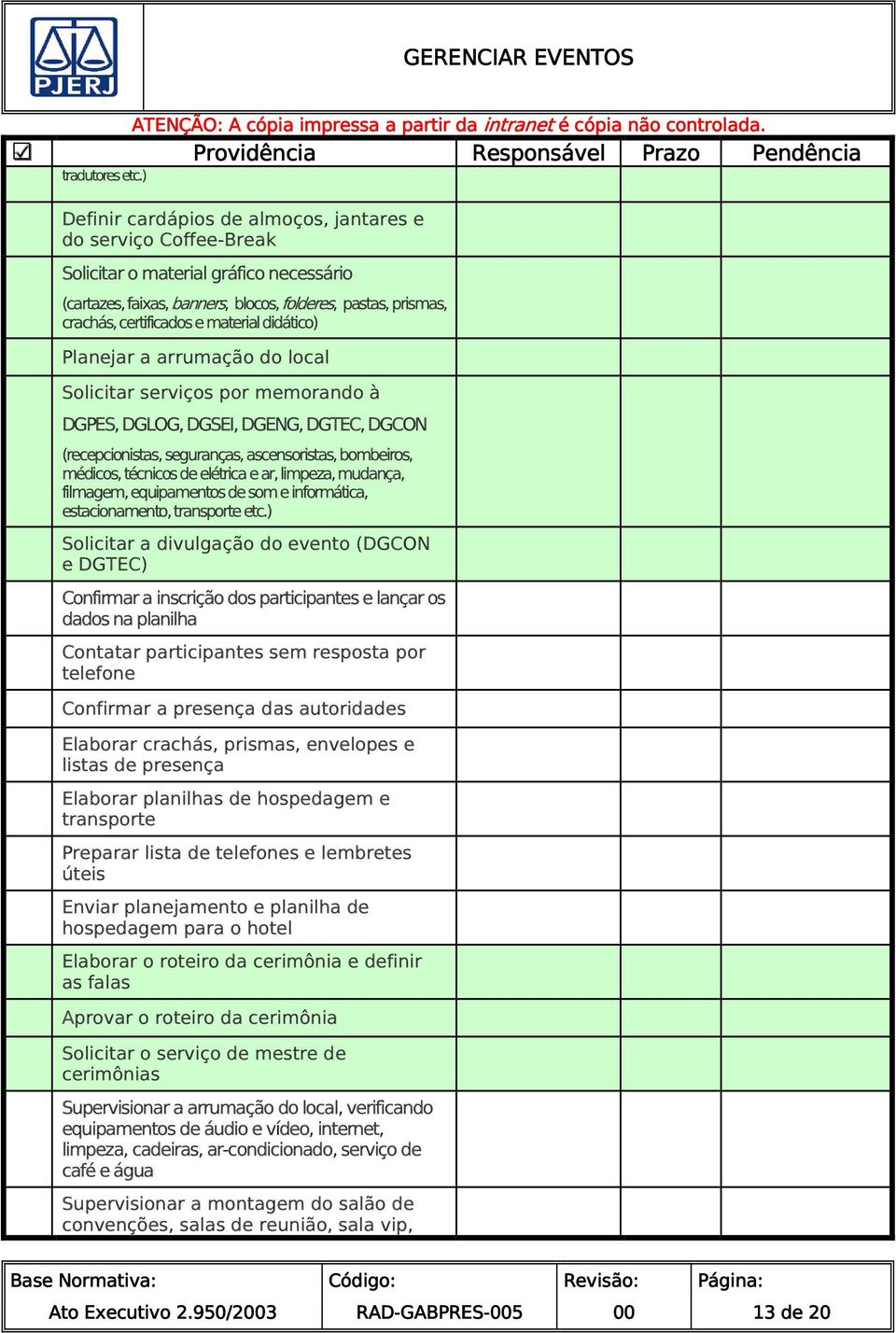 certificados e material didático) Planejar a arrumação do local Solicitar serviços por memorando à DGPES, DGLOG, DGSEI, DGENG, DGTEC, DGCON (recepcionistas, seguranças, ascensoristas, bombeiros,