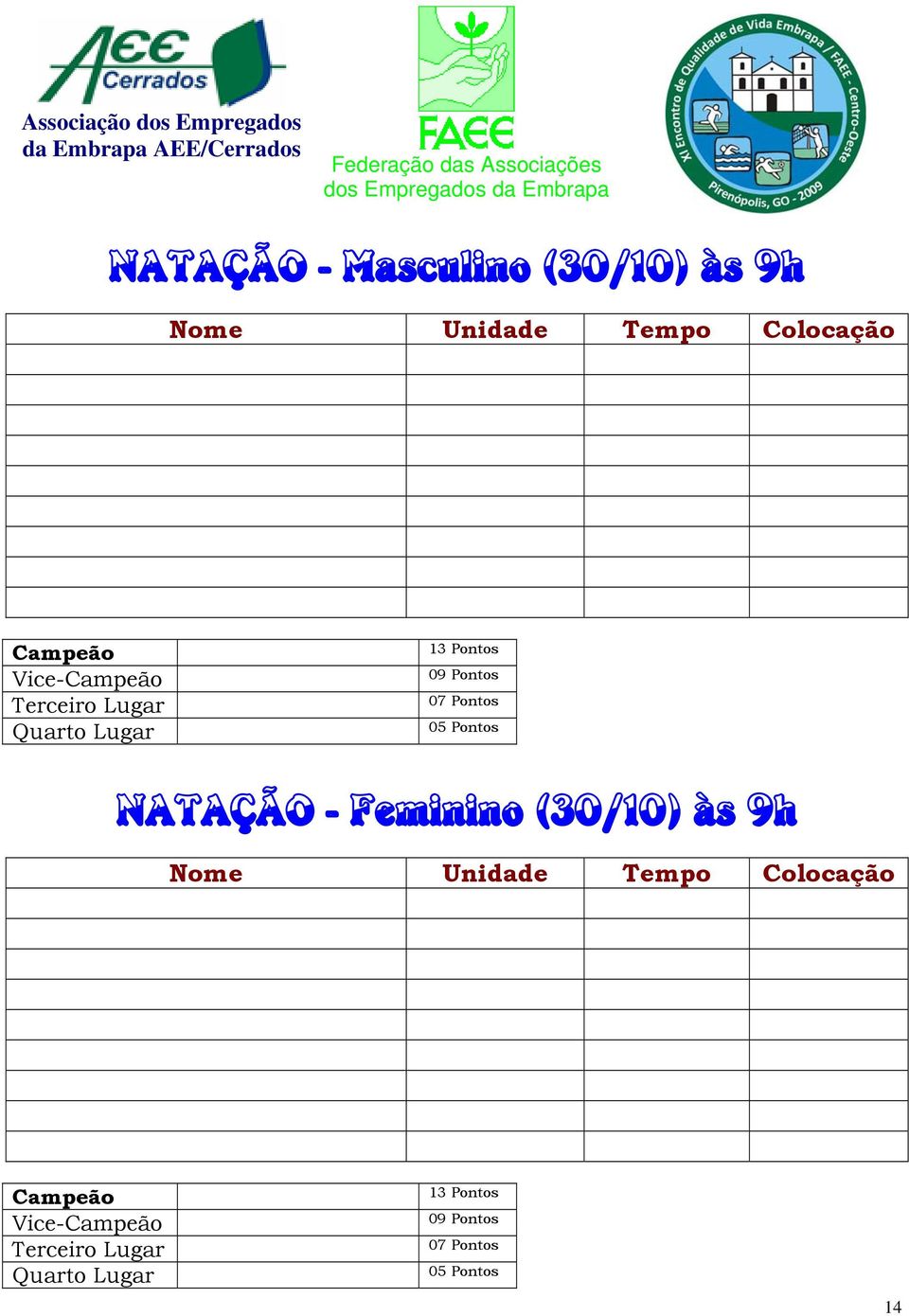 NATAÇÃO - Feminino (30/10) às 