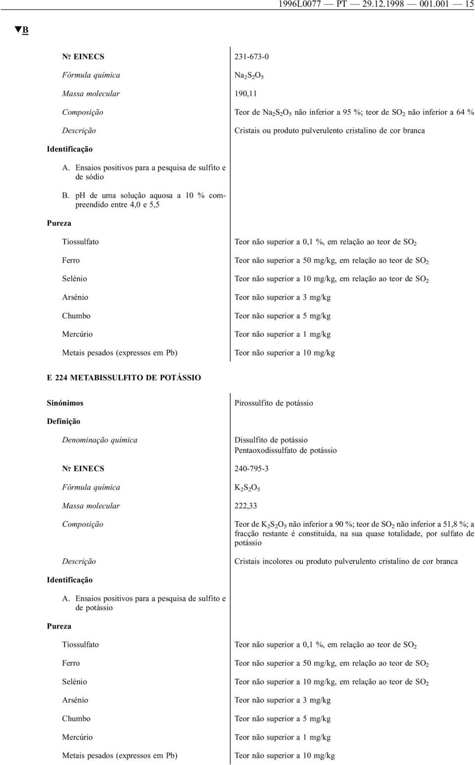 Ensaios positivos para a pesquisa de sulfito e de sódio B.