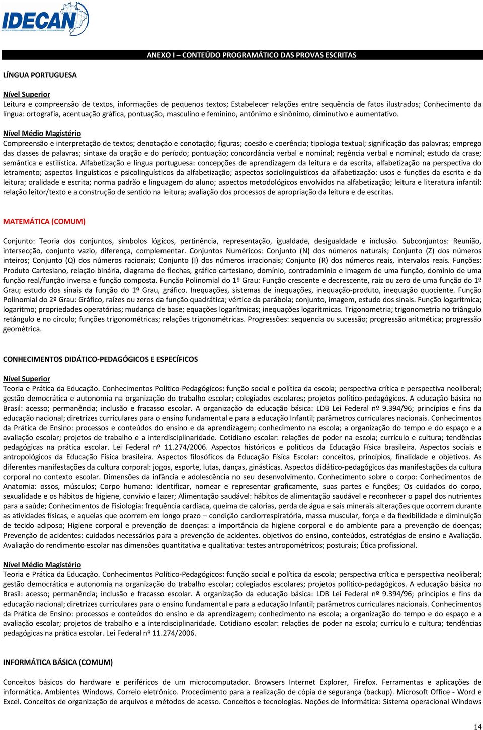 Nível Médio Magistério Compreensão e interpretação de textos; denotação e conotação; figuras; coesão e coerência; tipologia textual; significação das palavras; emprego das classes de palavras;