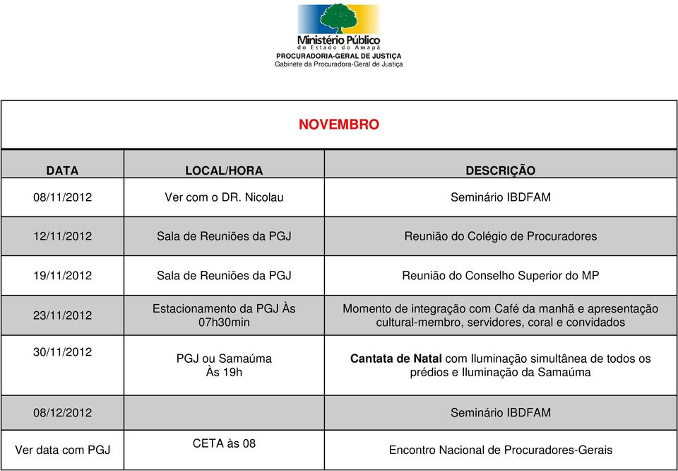 Conselho Superior do MP 23/11/2012 30/11/2012 Estacionamento da PGJ Às 07h30min PGJ ou Samaúma Às 19h Momento de integração com Café da