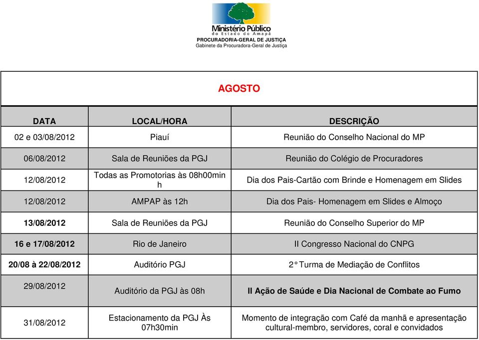 Superior do MP 16 e 17/08/2012 Rio de Janeiro II Congresso Nacional do CNPG 20/08 à 22/08/2012 Auditório PGJ 2 Turma de Mediação de Conflitos 29/08/2012 Auditório da PGJ às 08h II