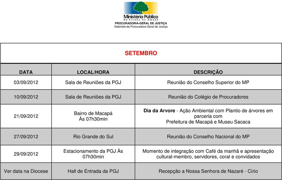 Museu Sacaca 27/09/2012 Rio Grande do Sul Reunião do Conselho Nacional do MP 29/09/2012 Estacionamento da PGJ Às 07h30min Momento de integração com