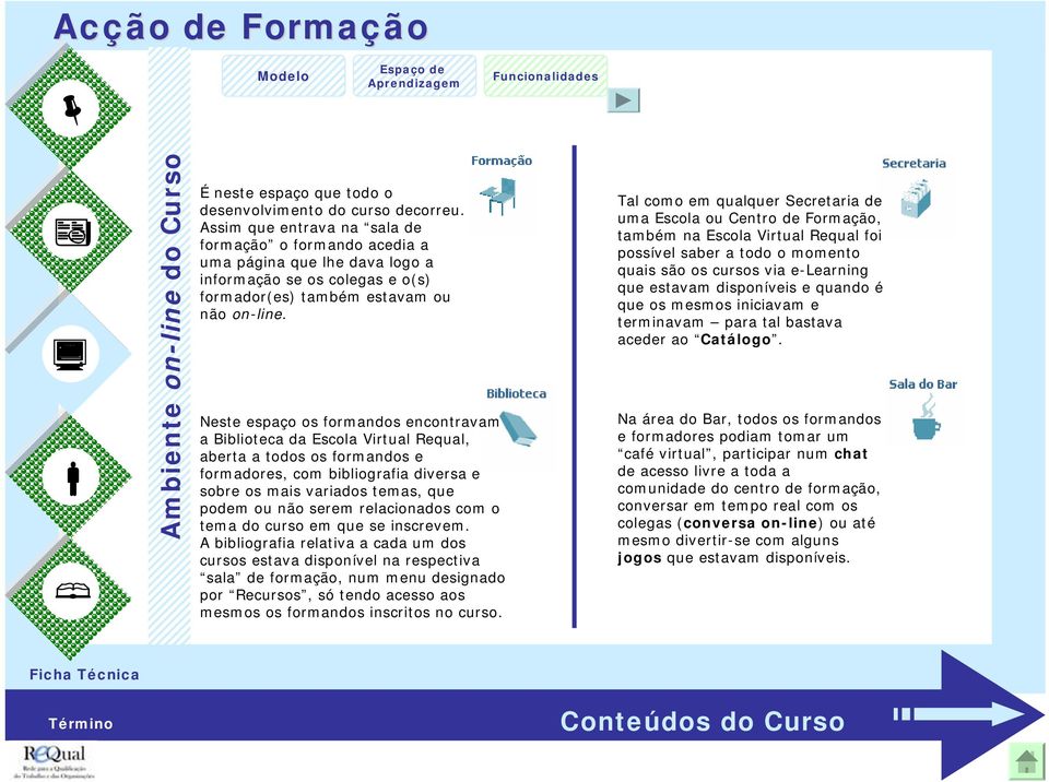 Neste espaço os formandos encontravam a Biblioteca da Escola Virtual Requal, aberta a todos os formandos e formadores, com bibliografia diversa e sobre os mais variados temas, que podem ou não serem