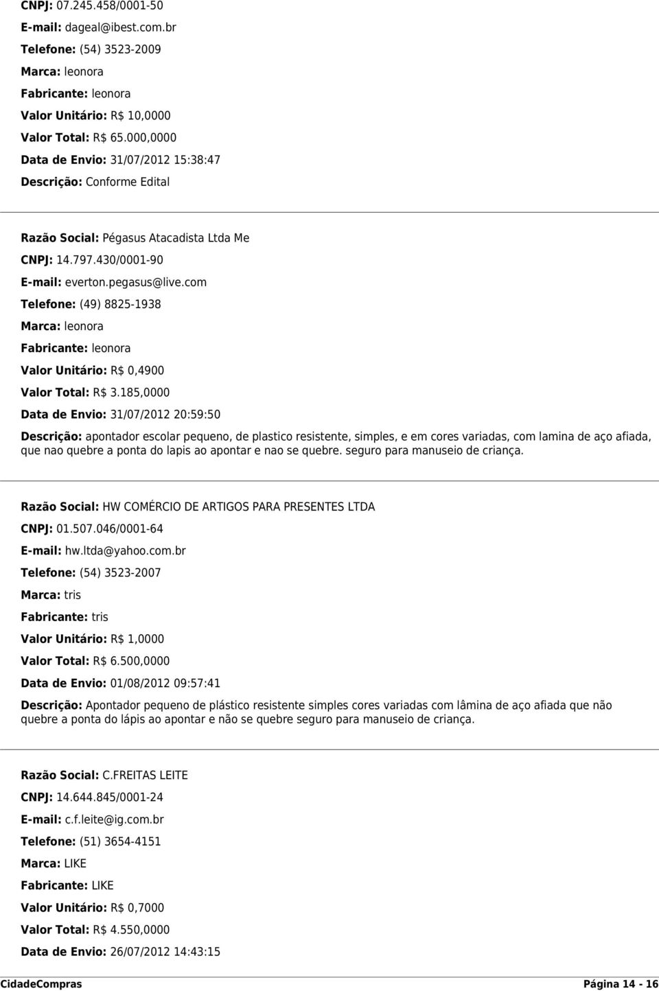 com Telefone: (49) 8825-1938 Marca: leonora Fabricante: leonora Valor Unitário: R$ 0,4900 Valor Total: R$ 3.