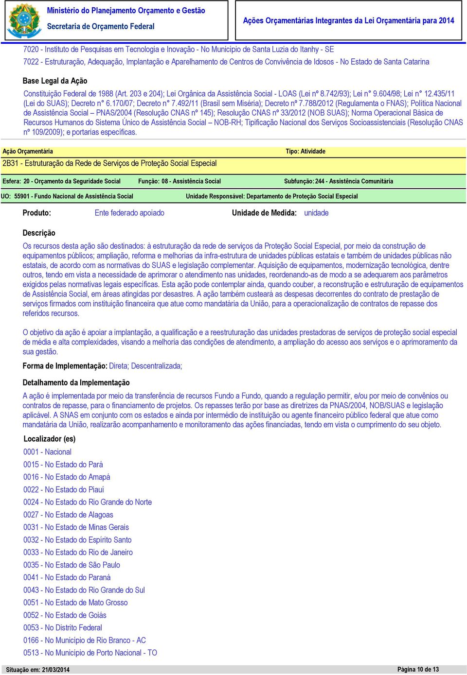 170/07; Decreto n 7.492/11 (Brasil sem Miséria); Decreto nº 7.