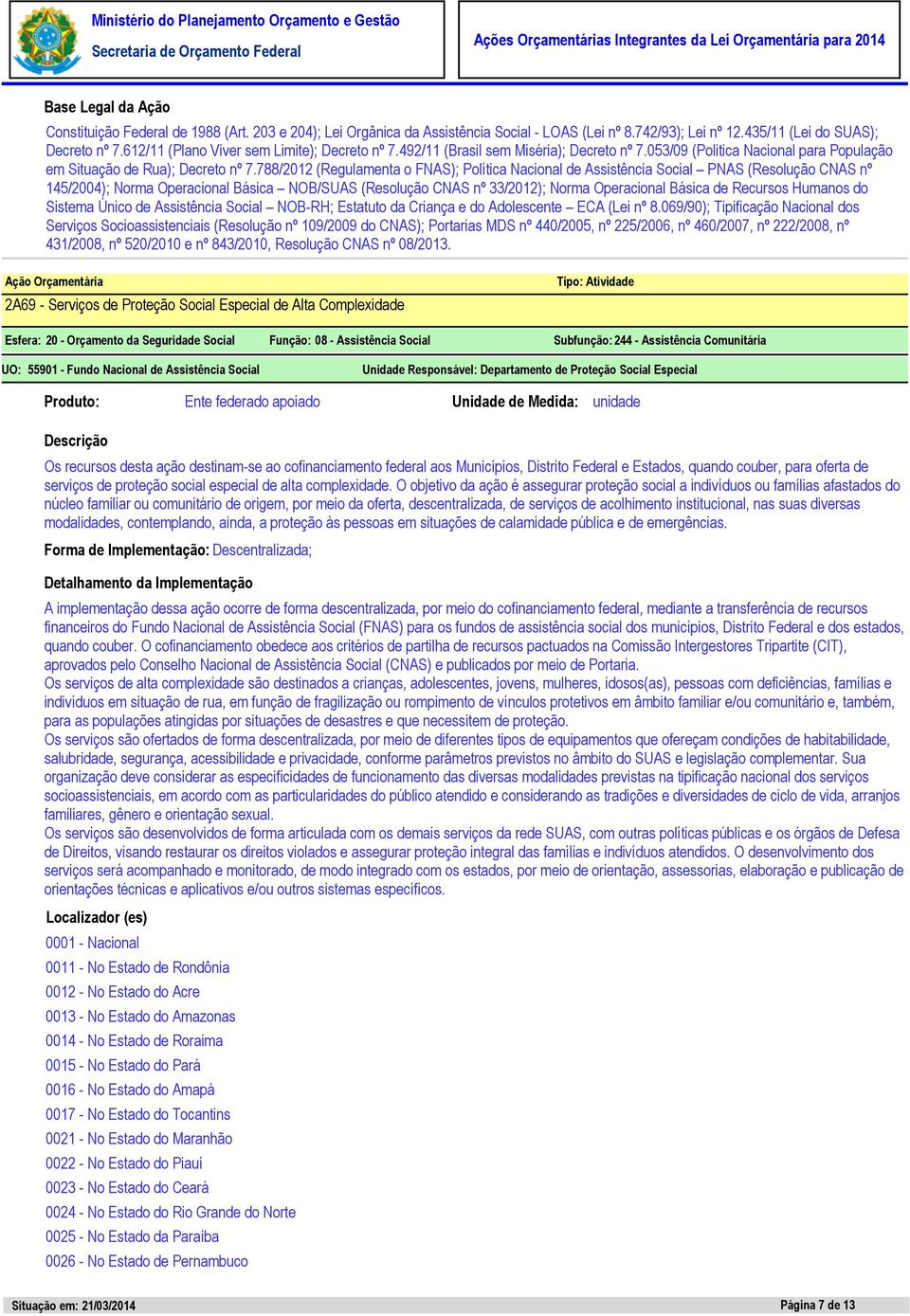 788/2012 (Regulamenta o FNAS); Política Nacional de Assistência Social PNAS (Resolução CNAS nº 145/2004); Norma Operacional Básica NOB/SUAS (Resolução CNAS nº 33/2012); Norma Operacional Básica de