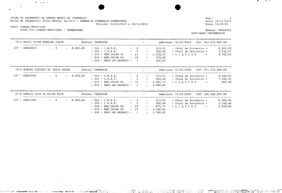 Funcao: VEREADOR Admissao: 01/01/2013 CPF: 012.671.-66 107 - SUBSIDIO O 01 - I.N.S.S. O 02 - I.R.R.F. 3.234,47 613 - EMP.CAIXA 01 21 1.018,3 L I Q U I D O 4.76,3 614 - EMP.