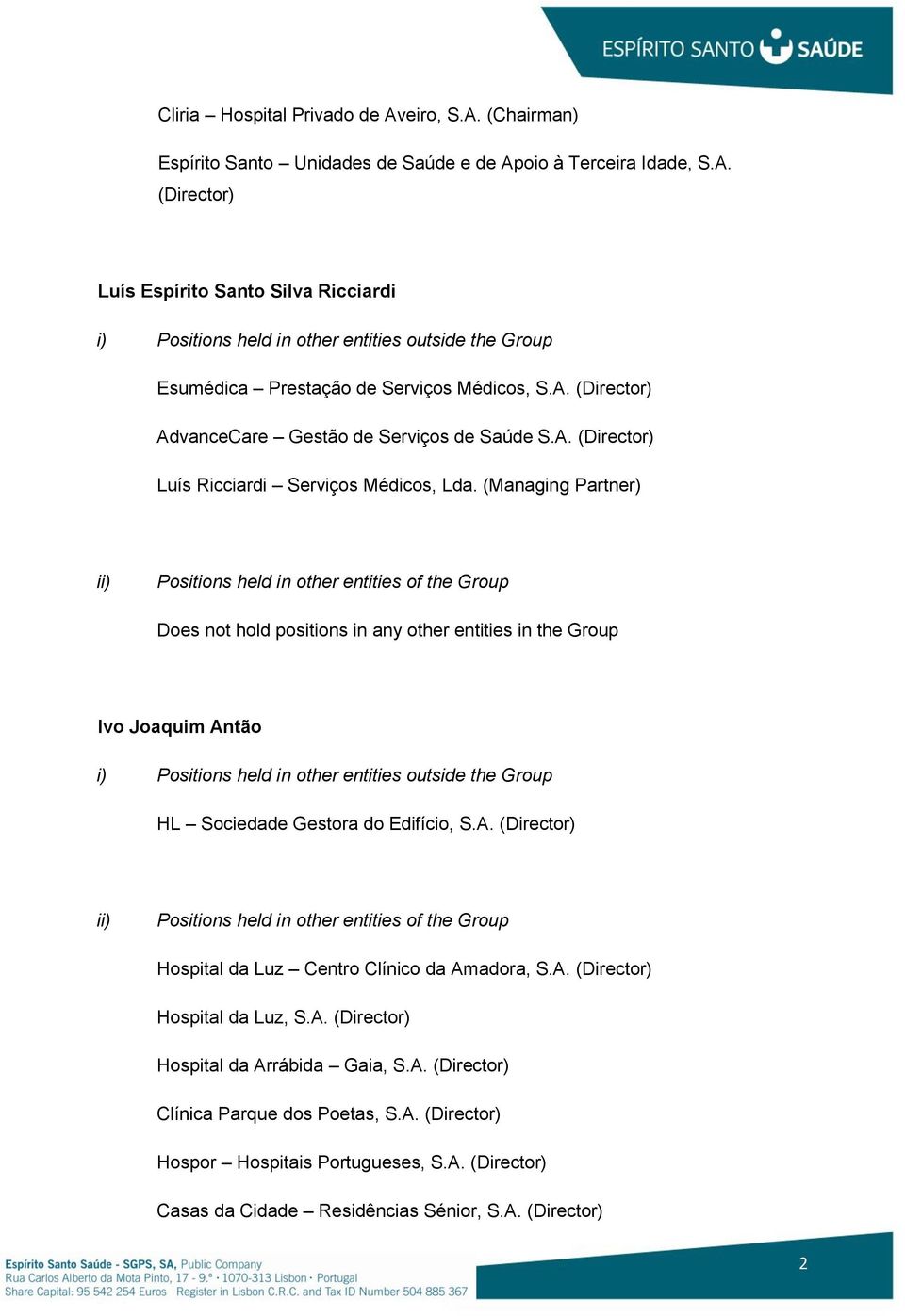 (Managing Partner) Does not hold positions in any other entities in the Group Ivo Joaquim Antão HL Sociedade Gestora do Edifício, S.A. (Director) Hospital da Luz Centro Clínico da Amadora, S.