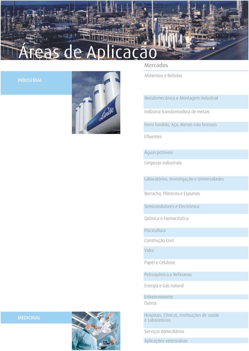 Espumas Semicondutores e Electrónica Química e Farmacêutica Piscicultura Construção Civil Vidro Papel e Celulose Petroquímica e Refinarias