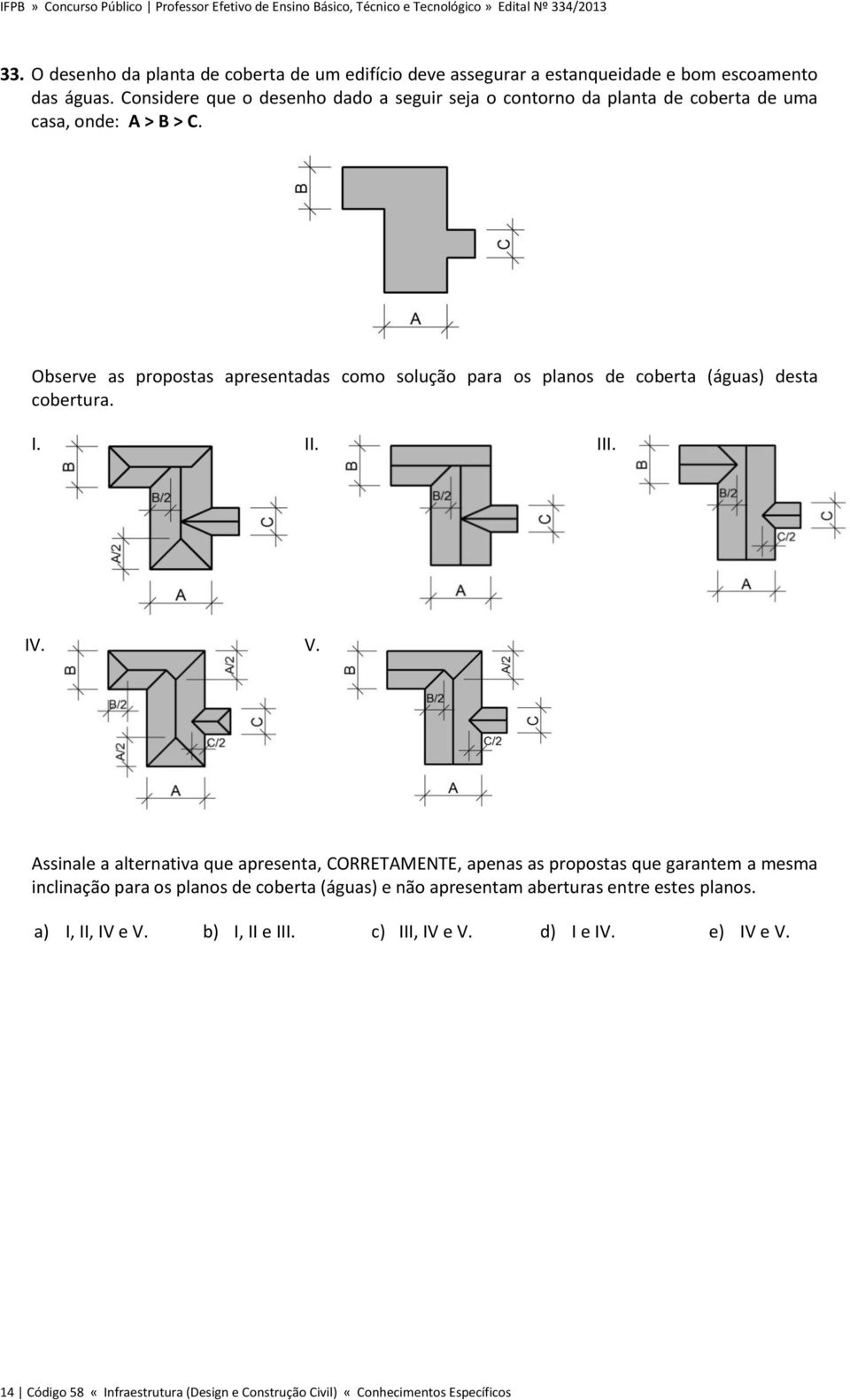 Observe as propostas apresentadas como solução para os planos de coberta (águas) desta cobertura. I. II. III. IV. V.